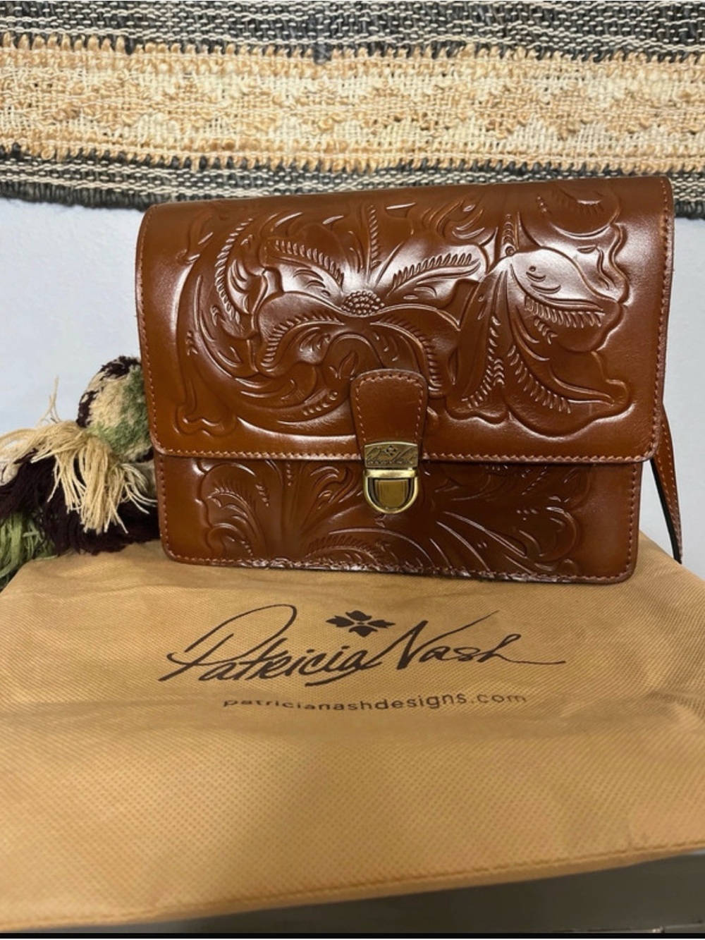 Patricia Nash Chestnut Tooled Genuine Leather Messenger Bag